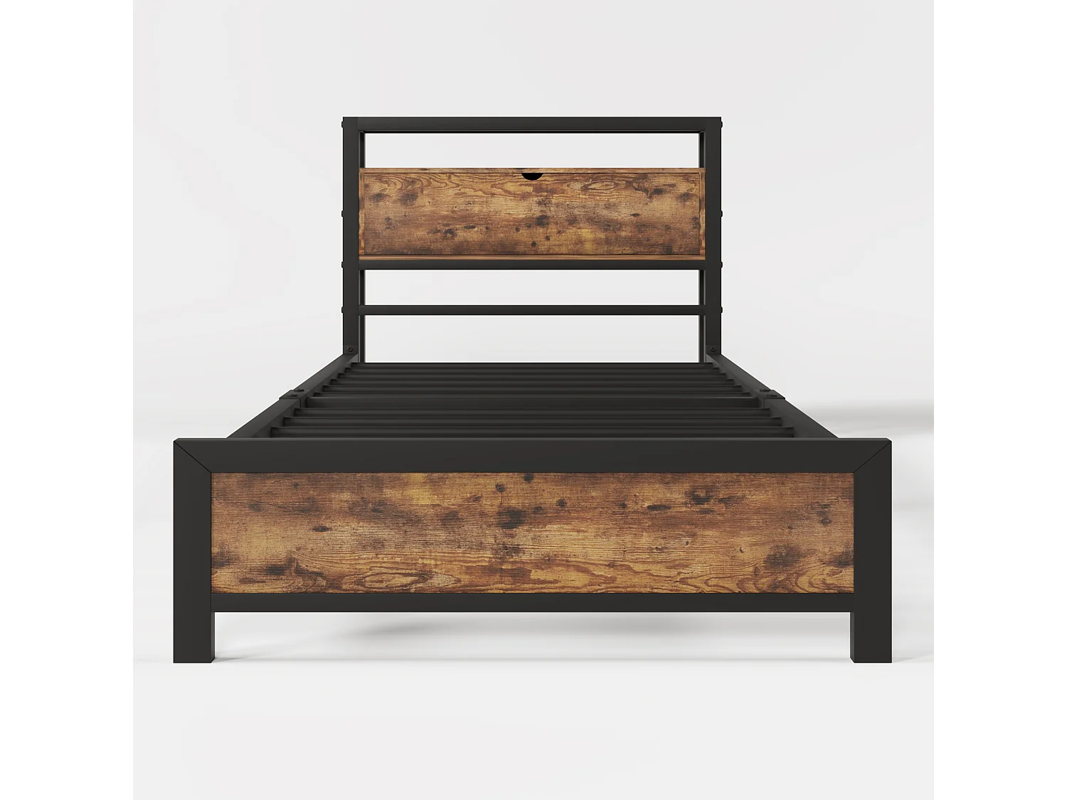 Lit 1 place 90/200 cm – tête de lit avec rangement, structure métallique, espace sous le lit – Métal et bois naturel – Matelas non inclus
