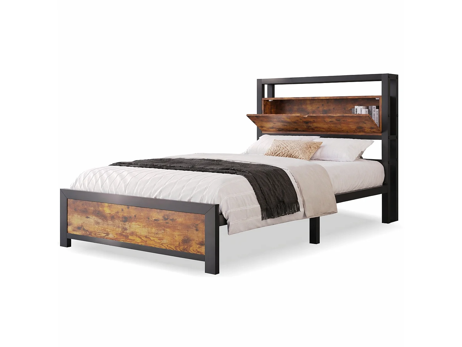 Lit 1 place 90/200 cm – tête de lit avec rangement, structure métallique, espace sous le lit – Métal et bois naturel – Matelas non inclus