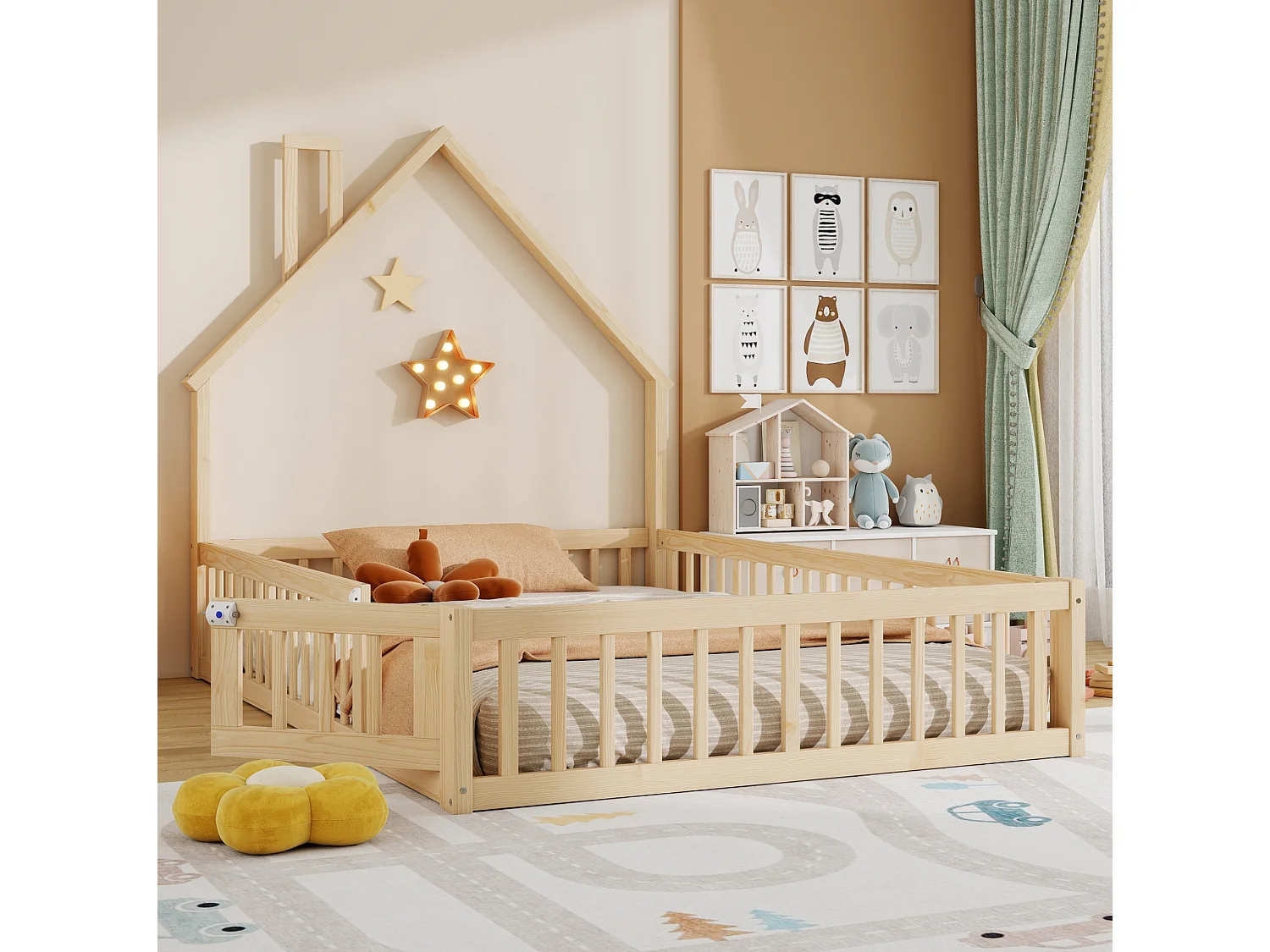 Lit enfant 140/190 cm – forme cheminée, barrières de sécurité, sommier à lattes – Pin et MDF naturel – Matelas non inclus