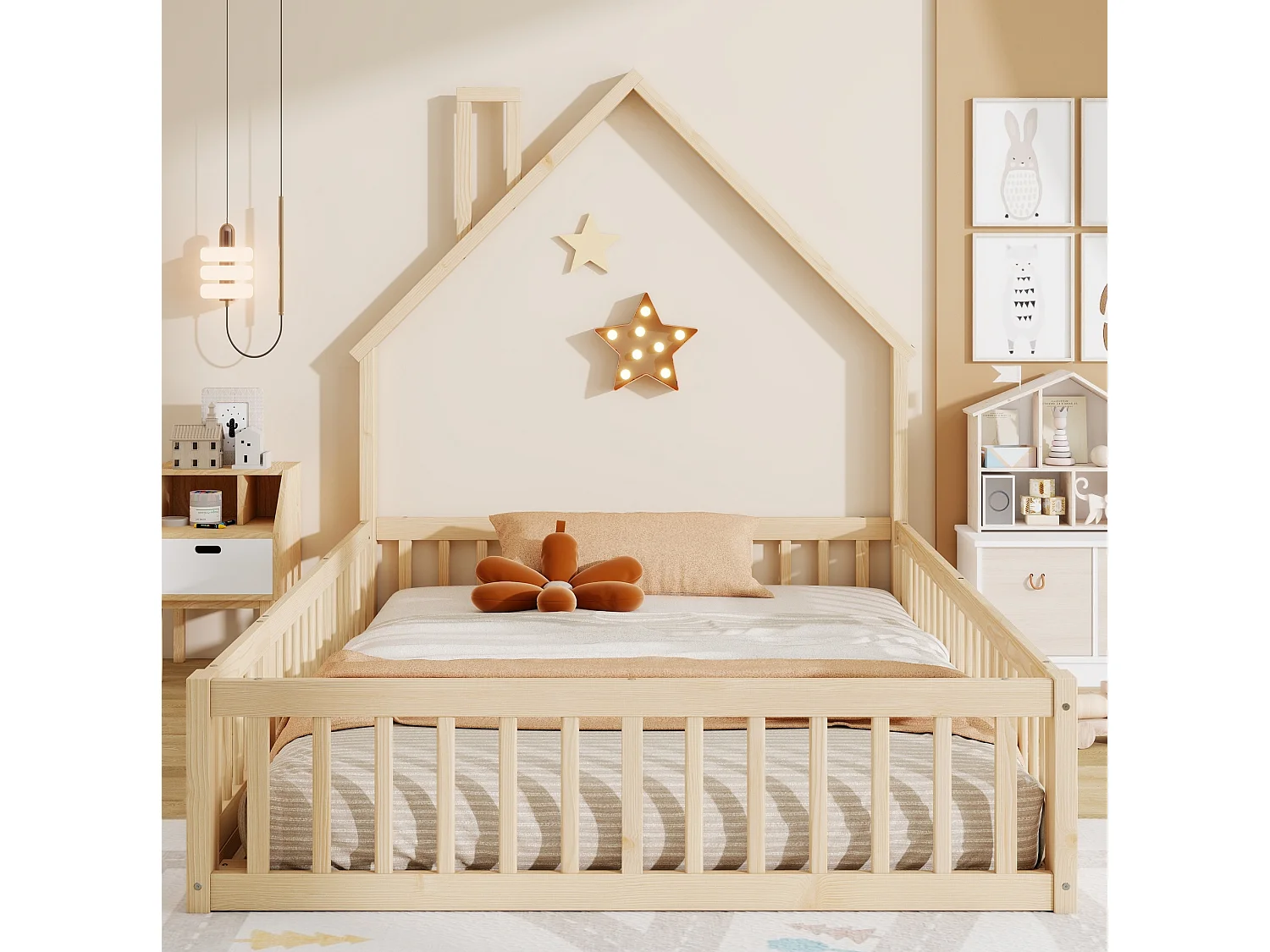 Lit enfant 140/190 cm – forme cheminée, barrières de sécurité, sommier à lattes – Pin et MDF naturel – Matelas non inclus