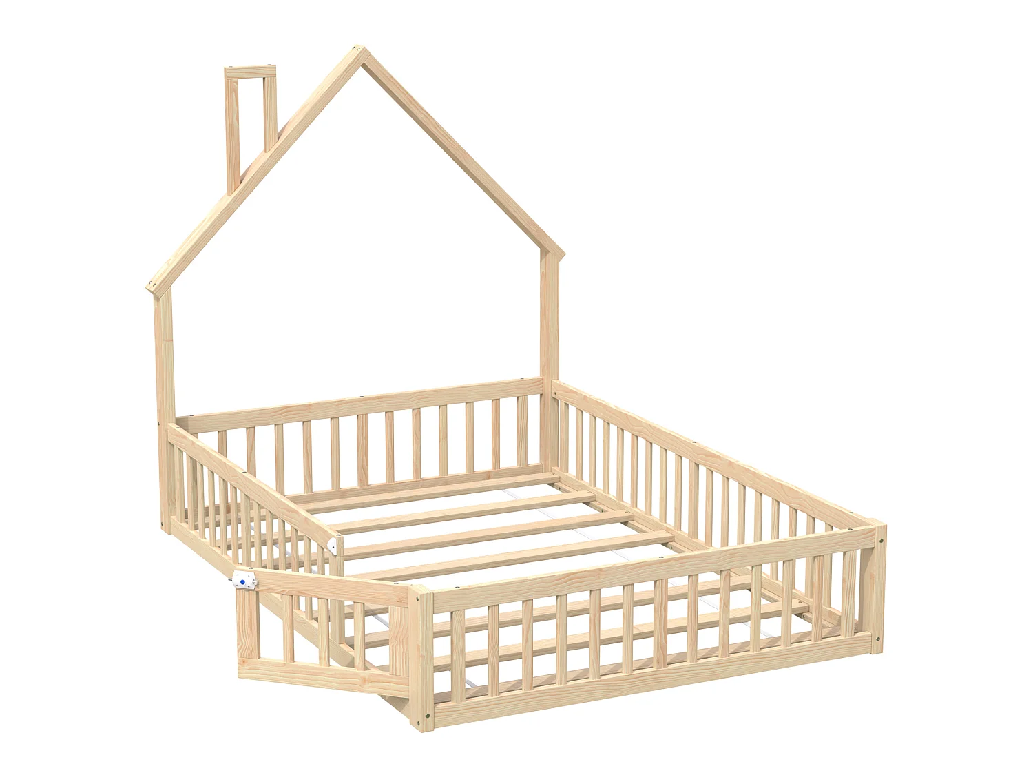 Lit enfant 140/190 cm – forme cheminée, barrières de sécurité, sommier à lattes – Pin et MDF naturel – Matelas non inclus
