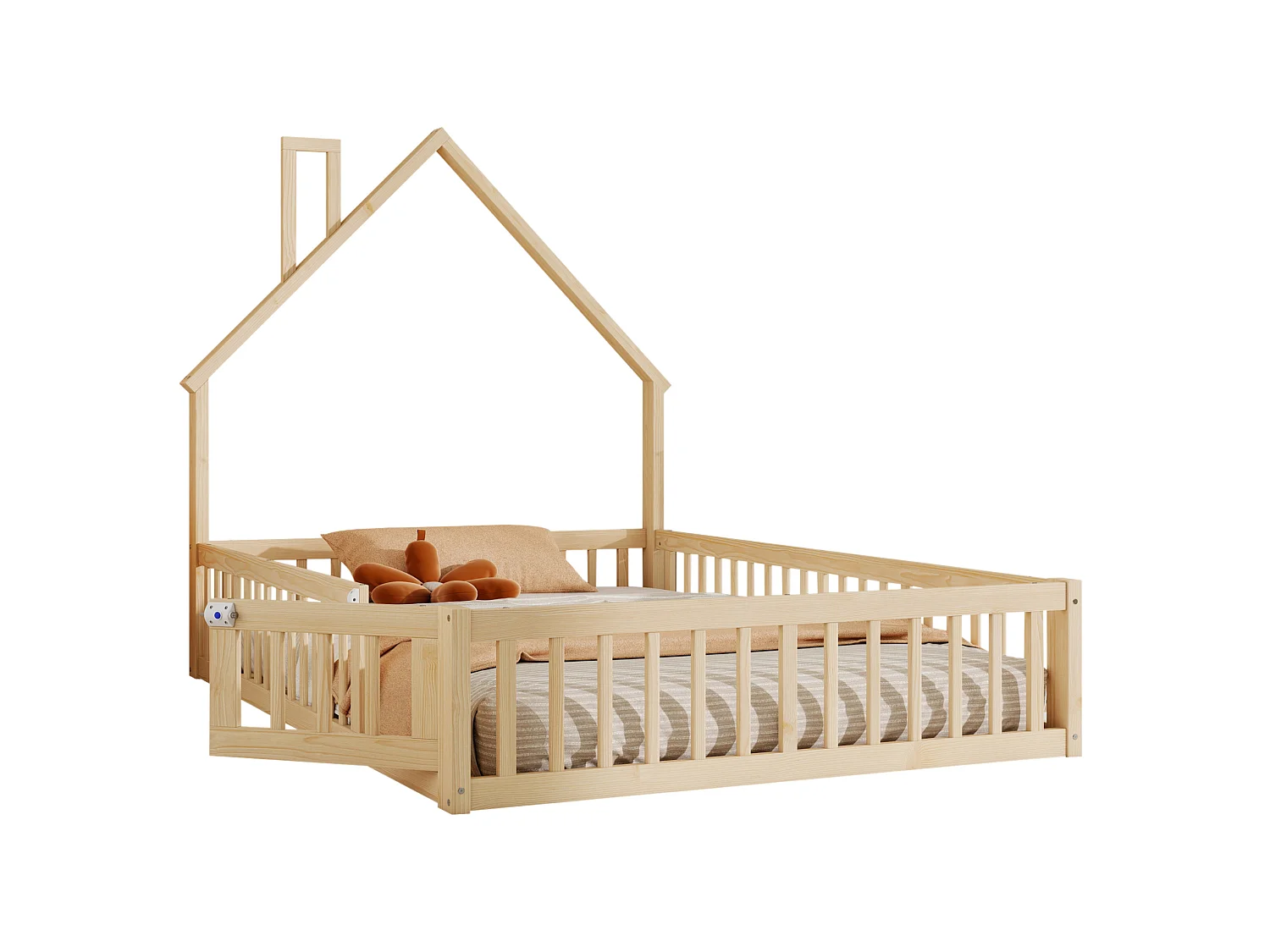 Lit enfant 140/190 cm – forme cheminée, barrières de sécurité, sommier à lattes – Pin et MDF naturel – Matelas non inclus