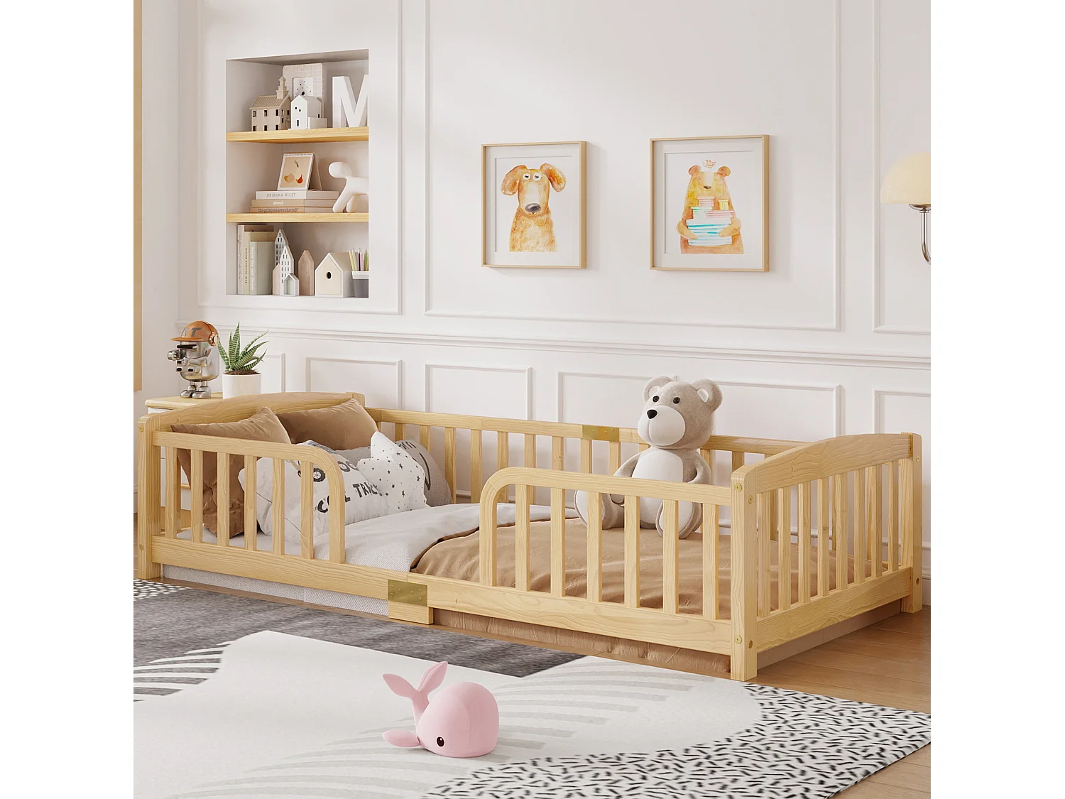 Lit au sol enfant 90/200 cm – barrières de sécurité, ouverture centrale, structure basse – Pin naturel – Matelas non inclus