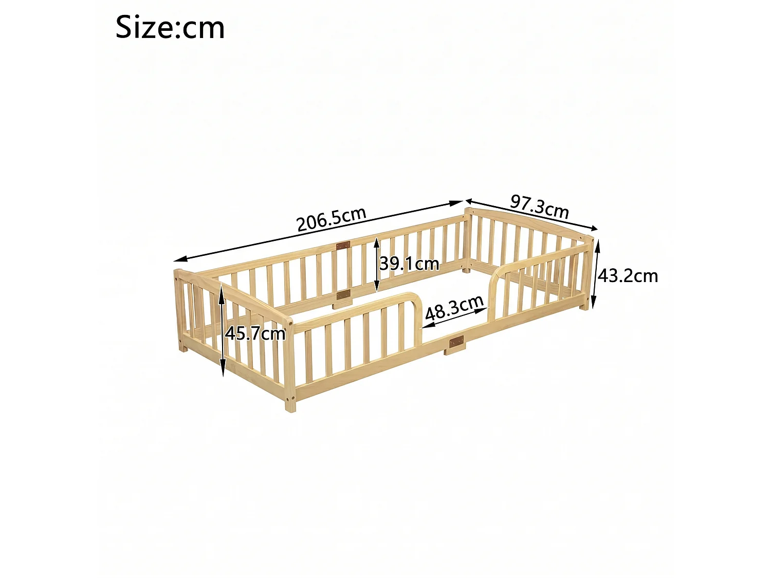 Lit au sol enfant 90/200 cm – barrières de sécurité, ouverture centrale, structure basse – Pin naturel – Matelas non inclus