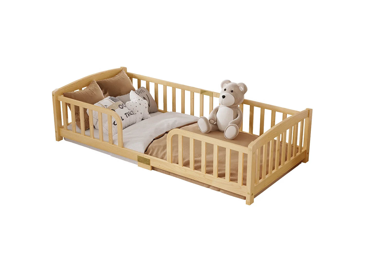 Lit au sol enfant 90/200 cm – barrières de sécurité, ouverture centrale, structure basse – Pin naturel – Matelas non inclus