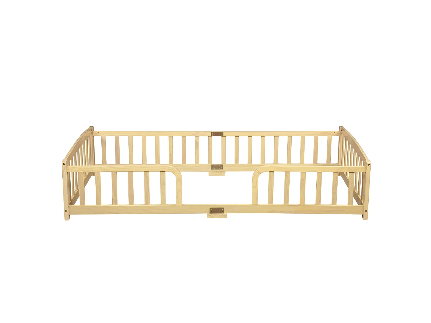 Lit au sol enfant 90/200 cm – barrières de sécurité, ouverture centrale, structure basse – Pin naturel – Matelas non inclus