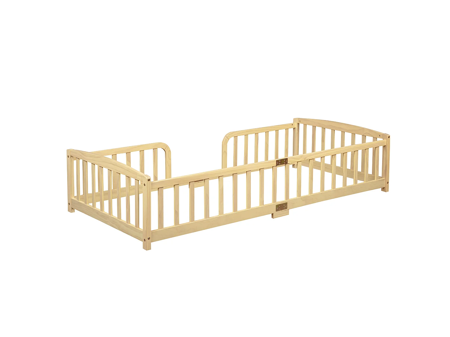 Lit au sol enfant 90/200 cm – barrières de sécurité, ouverture centrale, structure basse – Pin naturel – Matelas non inclus