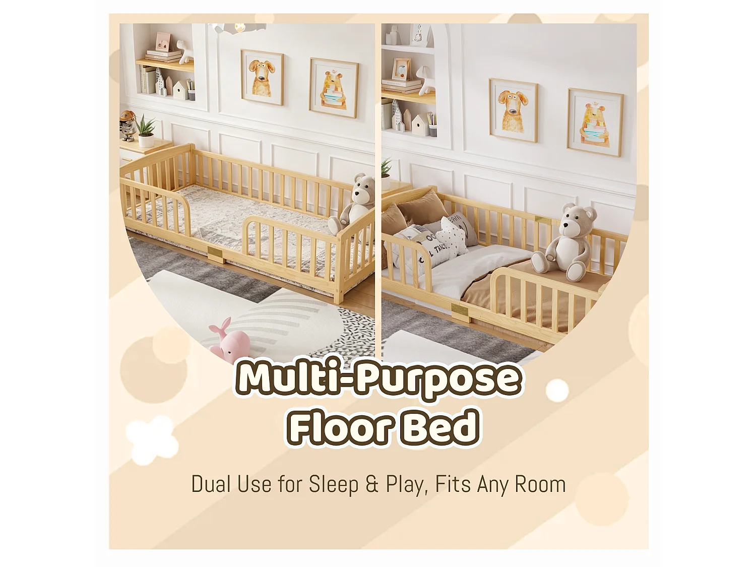 Lit au sol enfant 90/200 cm – barrières de sécurité, ouverture centrale, structure basse – Pin naturel – Matelas non inclus