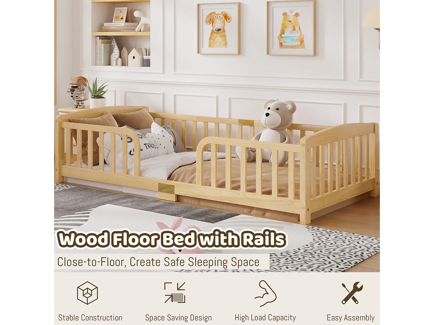 Lit au sol enfant 90/200 cm – barrières de sécurité, ouverture centrale, structure basse – Pin naturel – Matelas non inclus