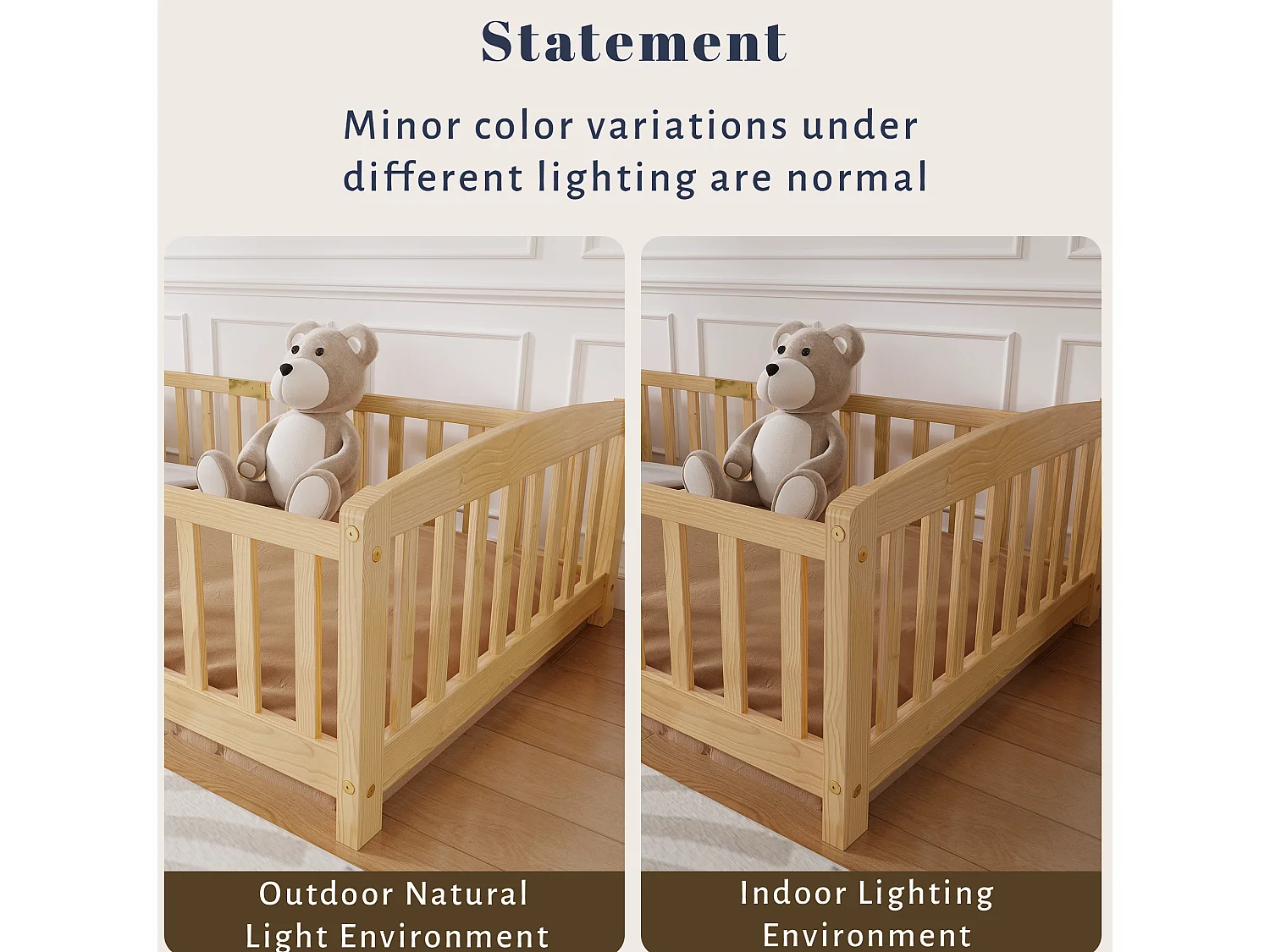 Lit au sol enfant 90/200 cm – barrières de sécurité, ouverture centrale, structure basse – Pin naturel – Matelas non inclus