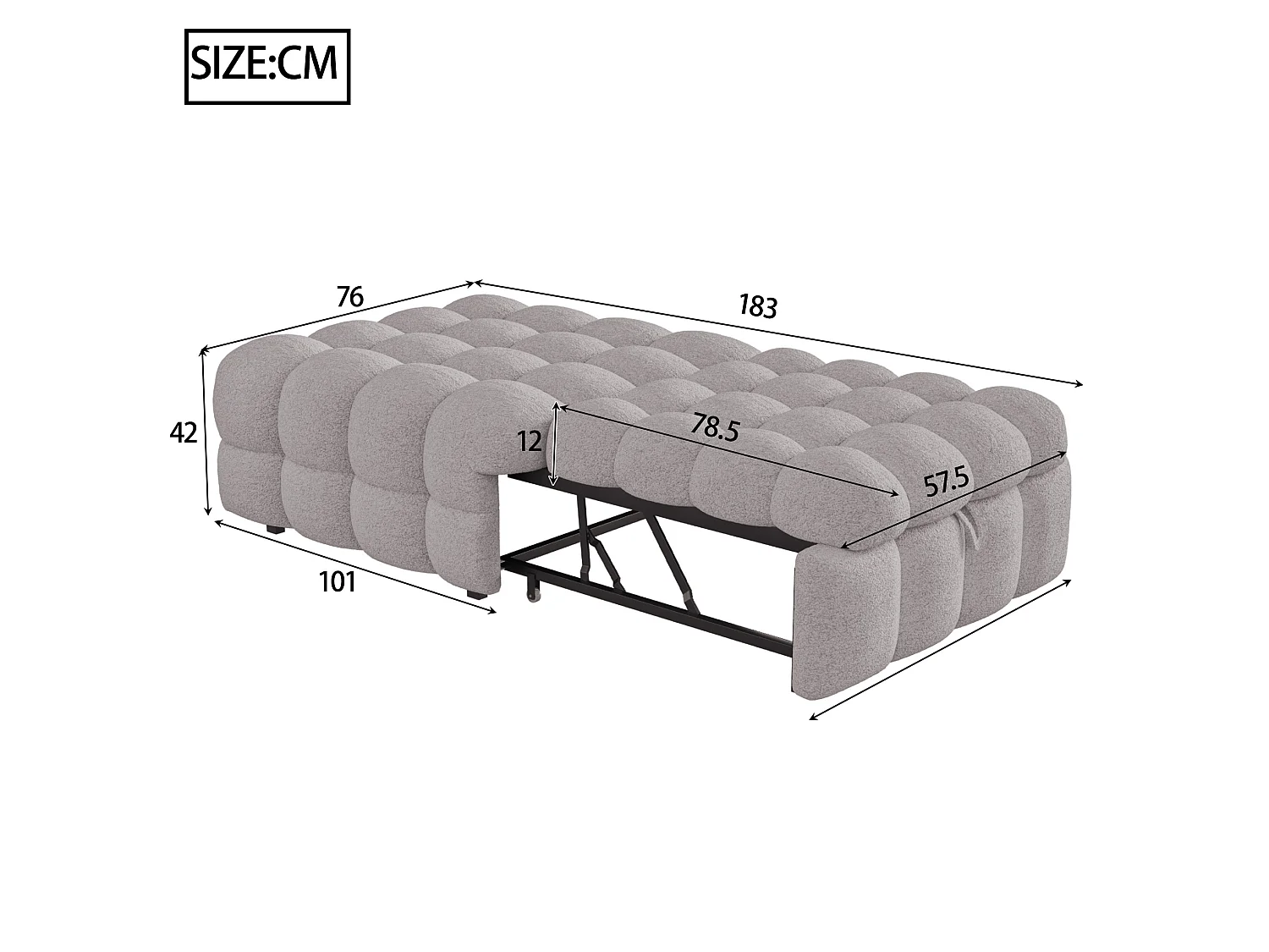 Pouf convertible 2-en-1 183/42/76 cm avec couchage Lammfell-Optik gris – Coussin non inclus