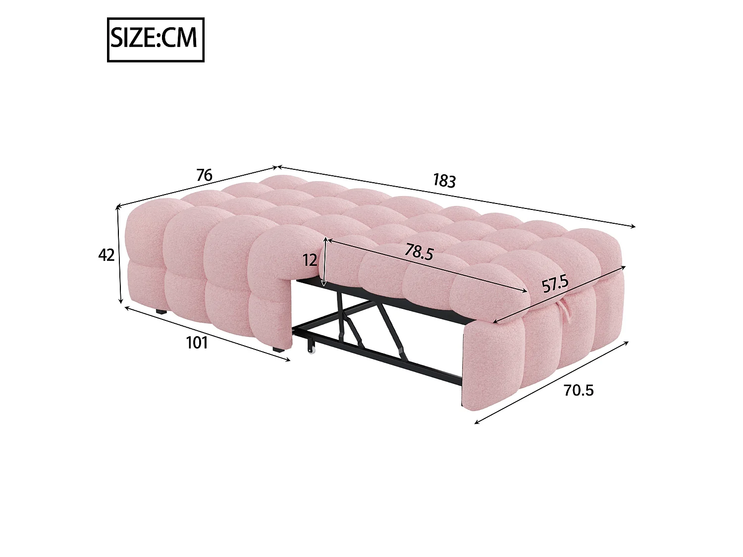 Pouf-lit extensible 183/76/42 cm avec fonction convertible Lammfell-Optik rose