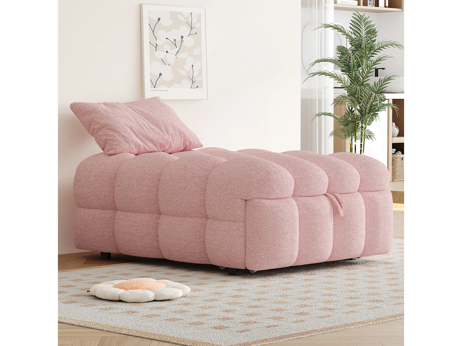Pouf-lit extensible 183/76/42 cm avec fonction convertible Lammfell-Optik rose
