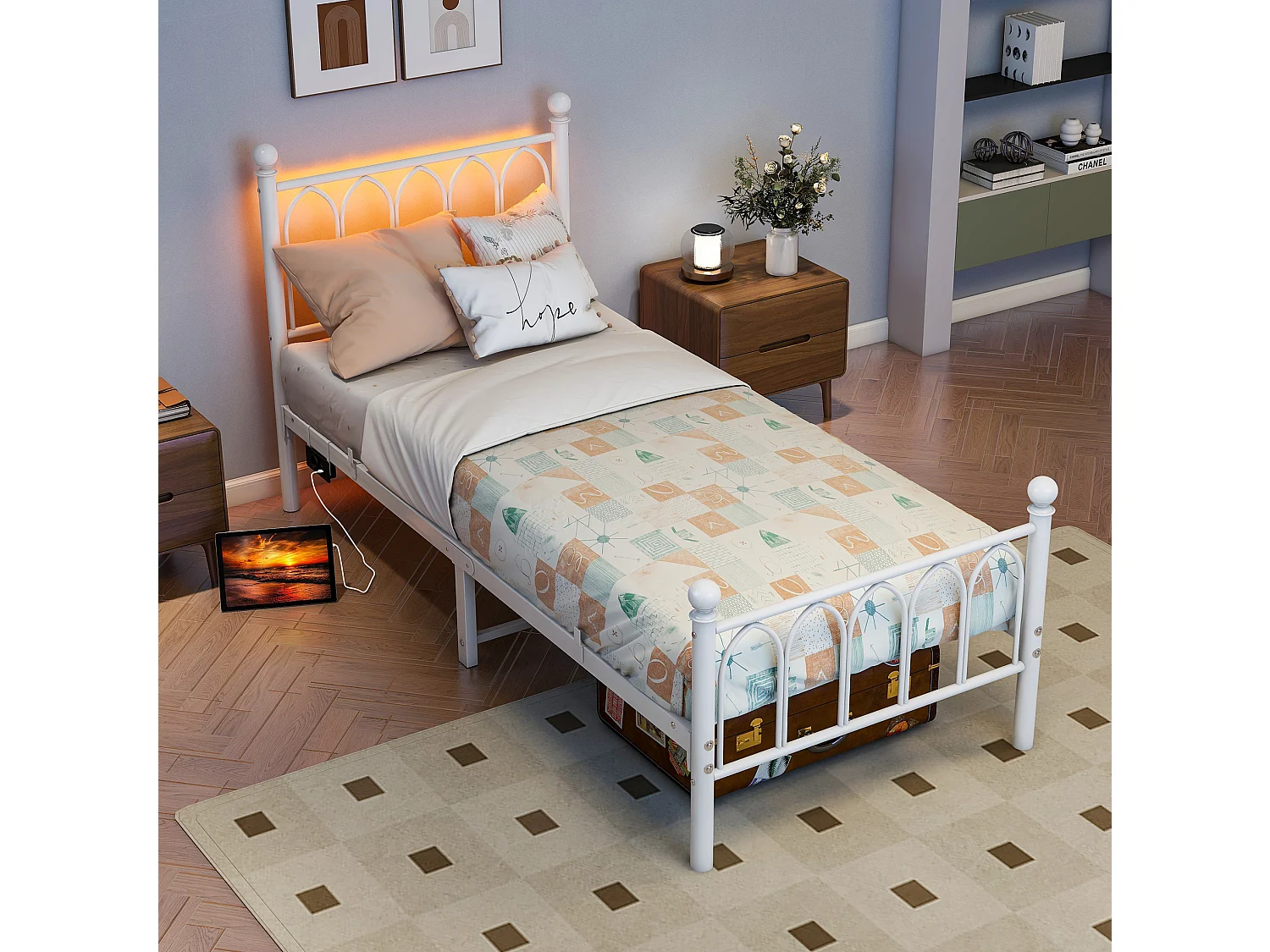 Cadre de lit 208/90/102 cm – tête et pied hauts, LED, ports USB et prise – Fer blanc