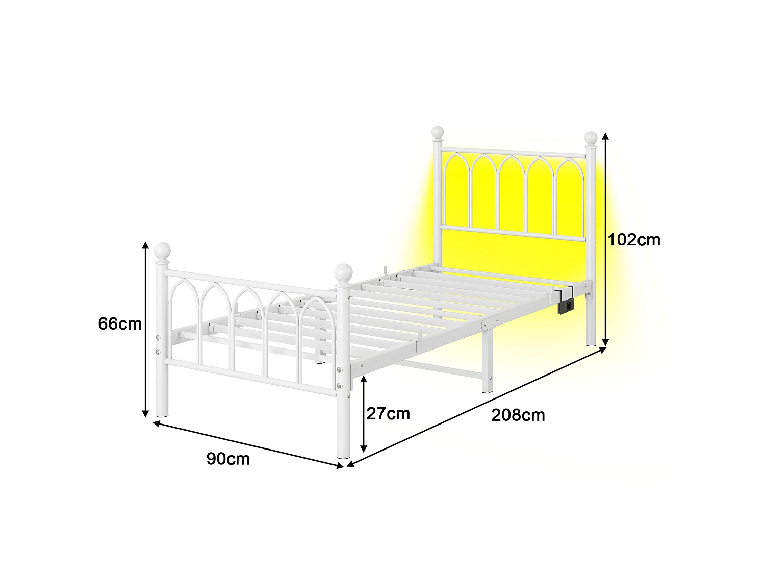 Cadre de lit 208/90/102 cm – tête et pied hauts, LED, ports USB et prise – Fer blanc