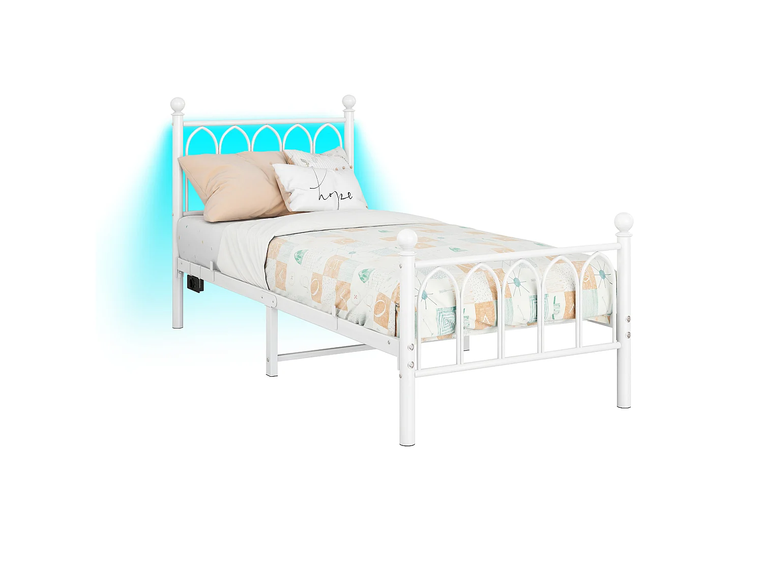Cadre de lit 208/90/102 cm – tête et pied hauts, LED, ports USB et prise – Fer blanc