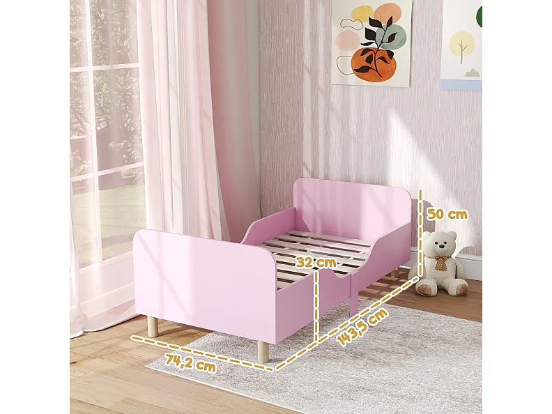 Lit enfant 143.5/74.2/50 cm – barrières de sécurité, hauteur basse, angles arrondis – MDF et bois de pin rose – Matelas non inclus