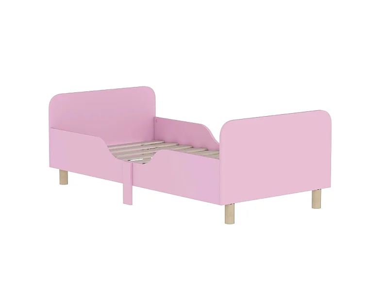 Lit enfant 143.5/74.2/50 cm – barrières de sécurité, hauteur basse, angles arrondis – MDF et bois de pin rose – Matelas non inclus