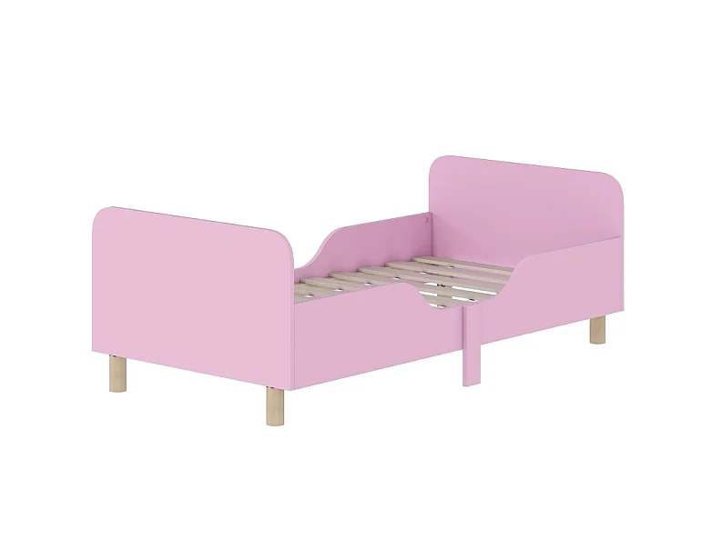 Lit enfant 143.5/74.2/50 cm – barrières de sécurité, hauteur basse, angles arrondis – MDF et bois de pin rose – Matelas non inclus