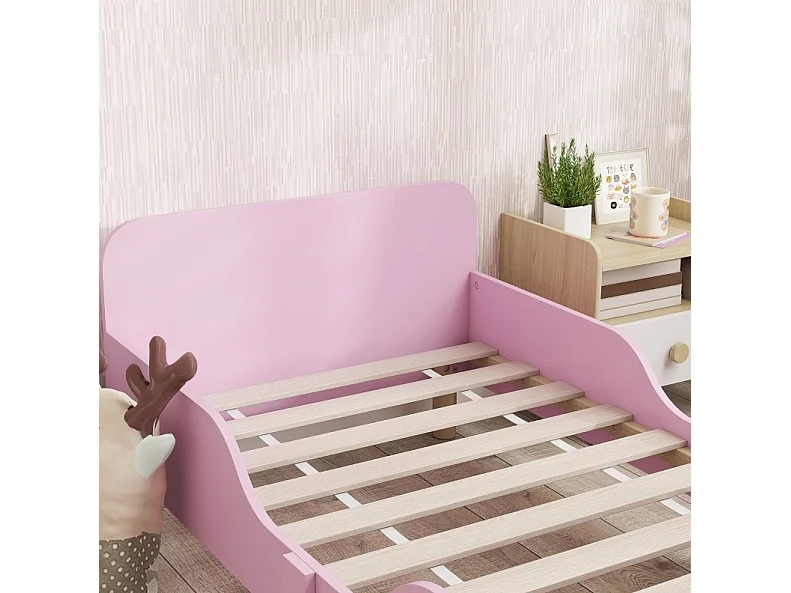 Lit enfant 143.5/74.2/50 cm – barrières de sécurité, hauteur basse, angles arrondis – MDF et bois de pin rose – Matelas non inclus