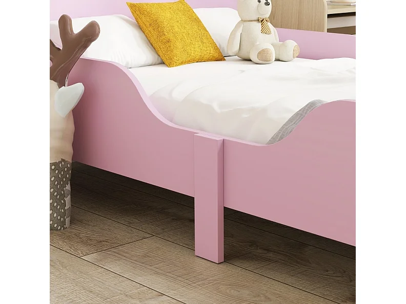 Lit enfant 143.5/74.2/50 cm – barrières de sécurité, hauteur basse, angles arrondis – MDF et bois de pin rose – Matelas non inclus