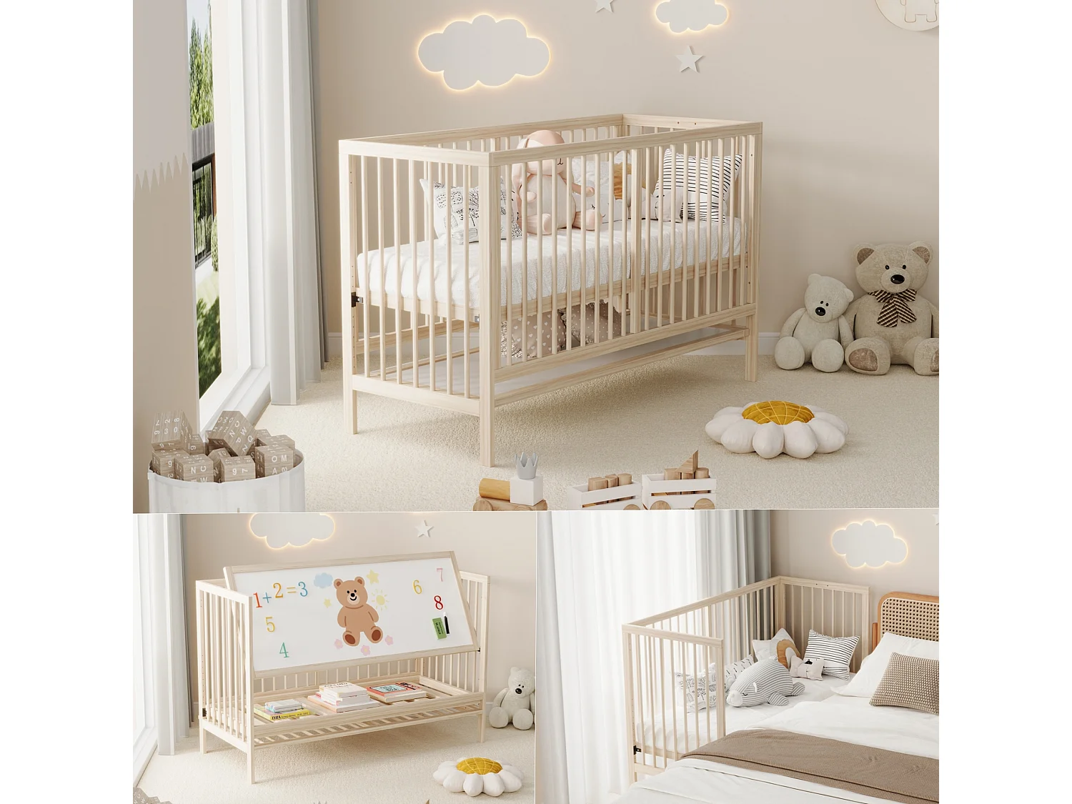 Lit bébé évolutif 140/60/90 cm – réglable en hauteur, transformable en cododo, bureau – Bois massif naturel – Matelas non inclus