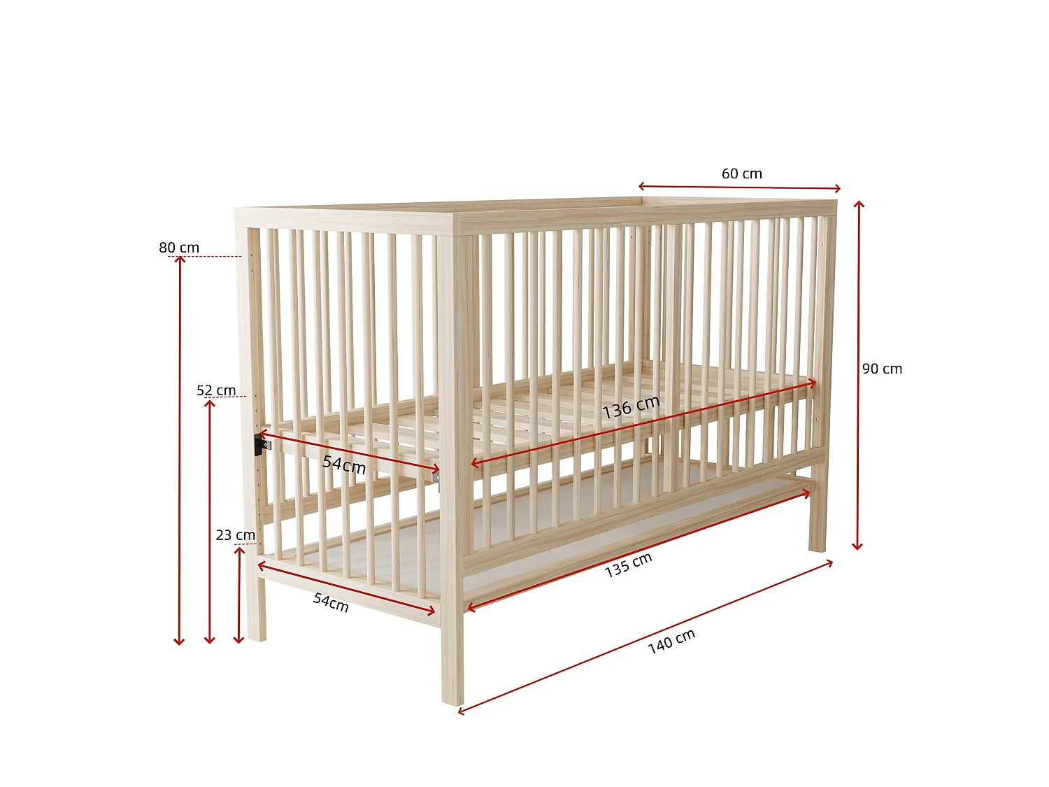 Lit bébé évolutif 140/60/90 cm – réglable en hauteur, transformable en cododo, bureau – Bois massif naturel – Matelas non inclus