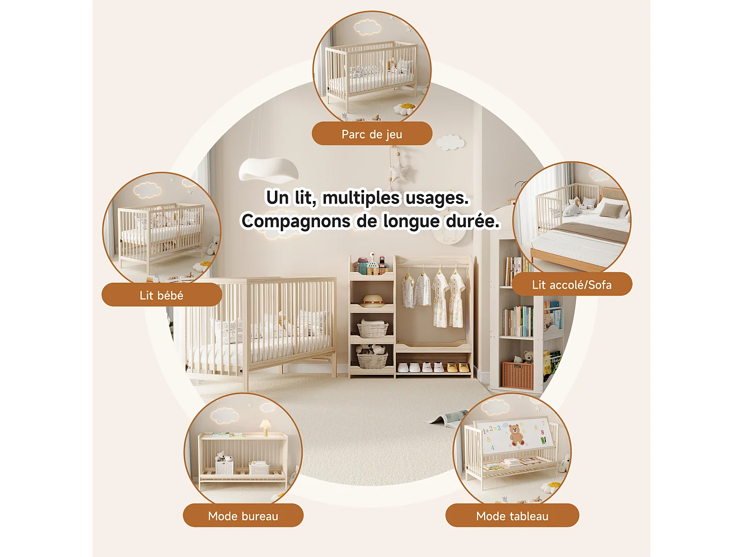 Lit bébé évolutif 140/60/90 cm – réglable en hauteur, transformable en cododo, bureau – Bois massif naturel – Matelas non inclus