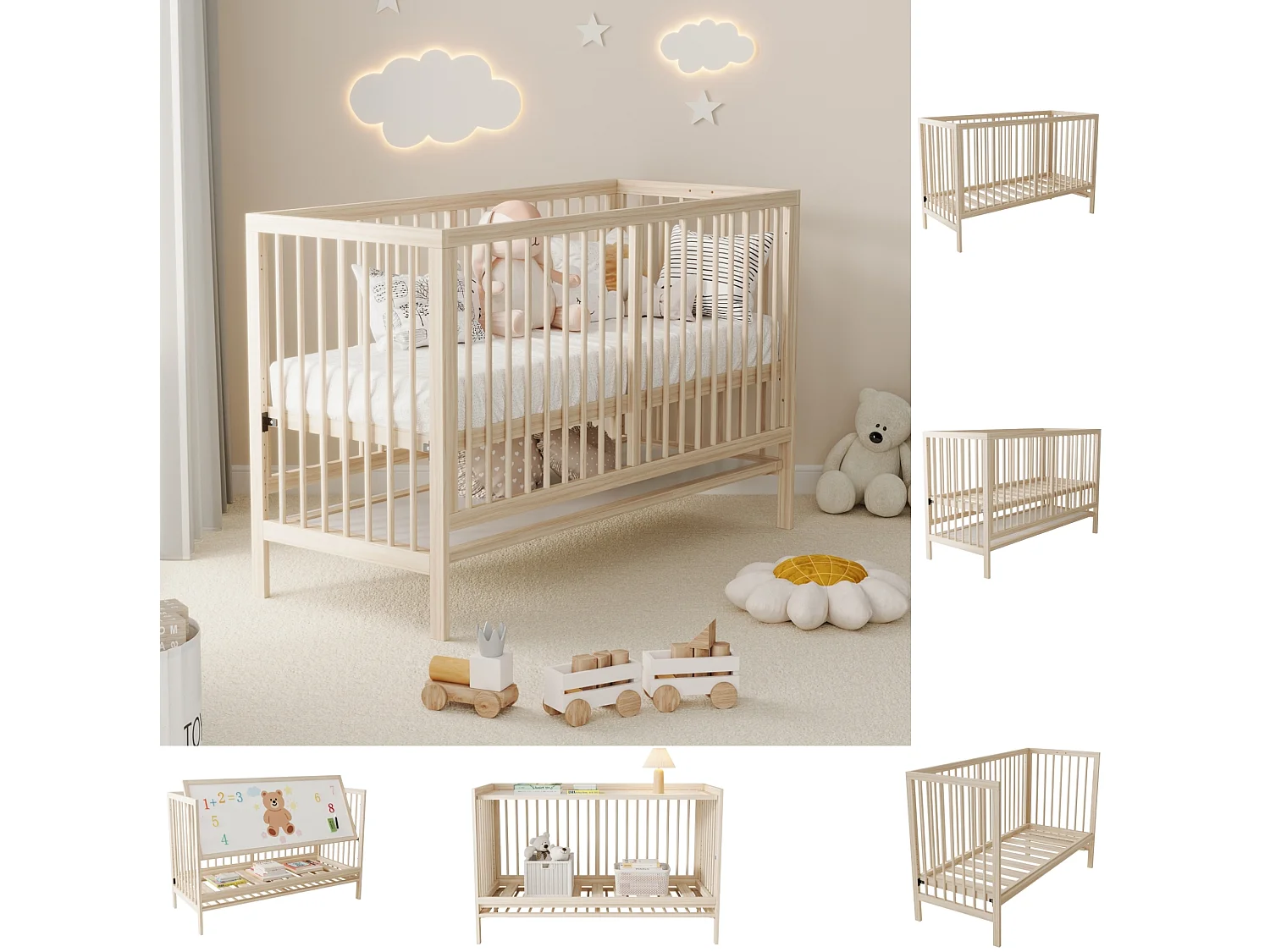 Lit bébé évolutif 140/60/90 cm – réglable en hauteur, transformable en cododo, bureau – Bois massif naturel – Matelas non inclus