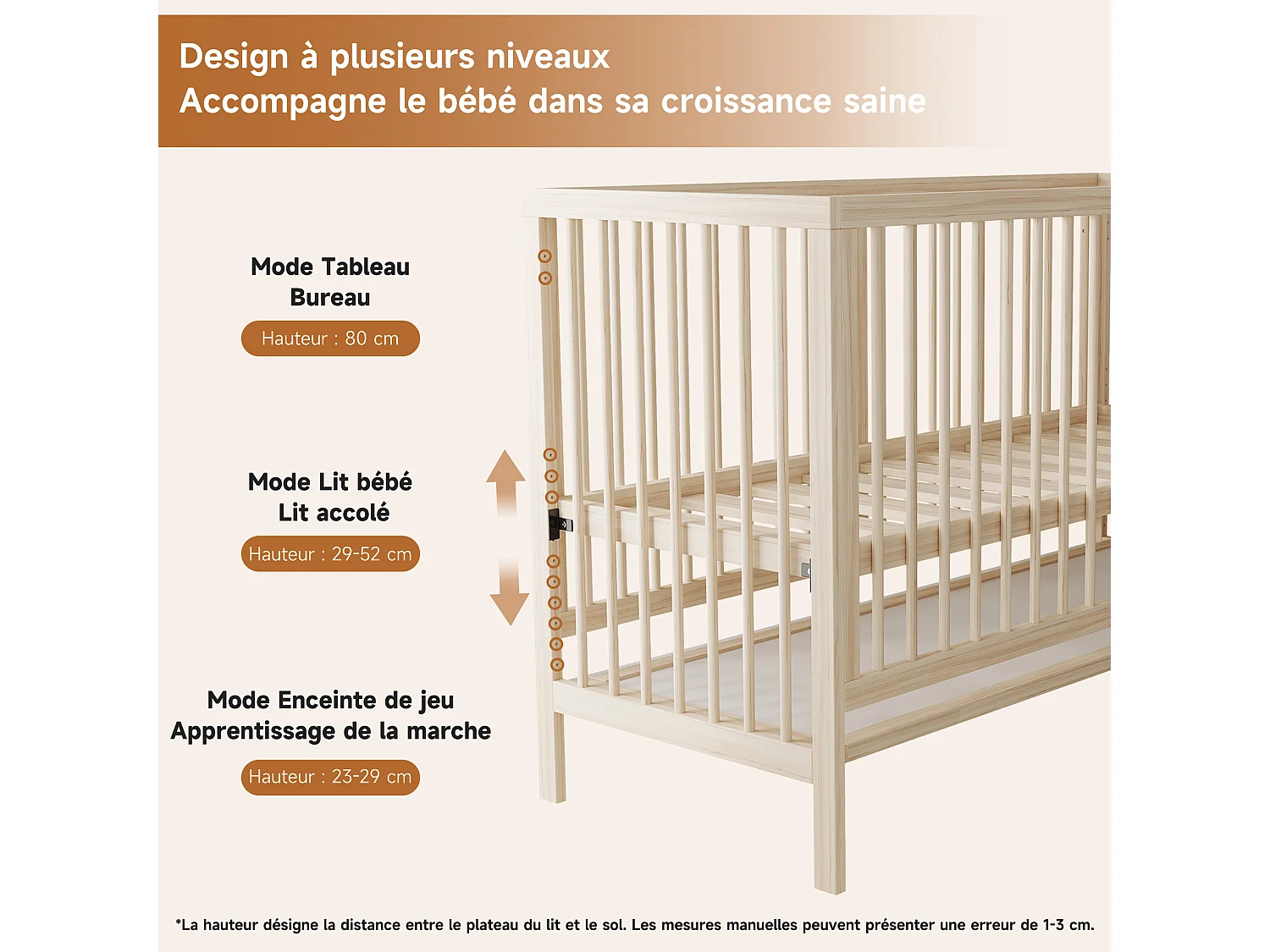 Lit bébé évolutif 140/60/90 cm – réglable en hauteur, transformable en cododo, bureau – Bois massif naturel – Matelas non inclus