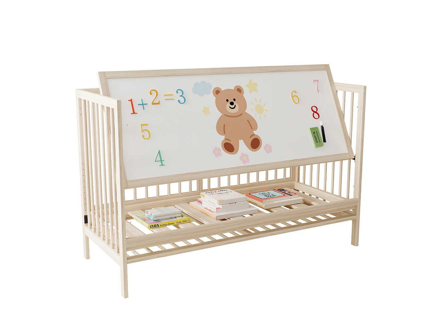 Lit bébé évolutif 140/60/90 cm – réglable en hauteur, transformable en cododo, bureau – Bois massif naturel – Matelas non inclus