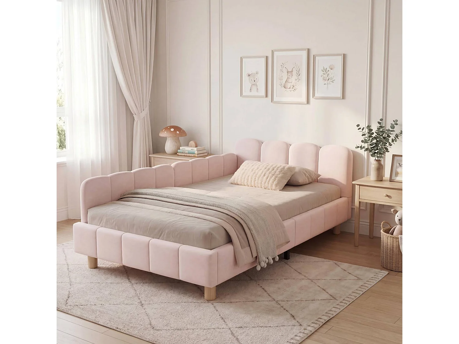 Lit enfant 90/200 cm – tête de lit rembourrée, protection antichute, accoudoirs modulables – Velours rose – Matelas non inclus