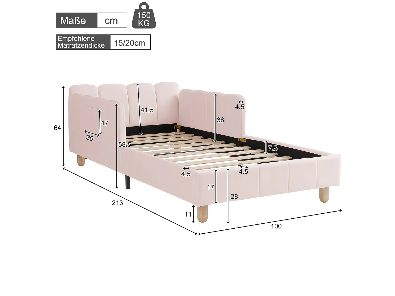 Lit enfant 90/200 cm – tête de lit rembourrée, protection antichute, accoudoirs modulables – Velours rose – Matelas non inclus