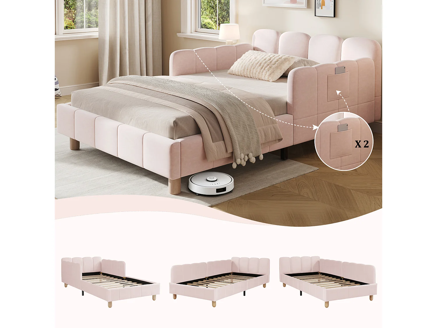 Lit enfant 90/200 cm – tête de lit rembourrée, protection antichute, accoudoirs modulables – Velours rose – Matelas non inclus