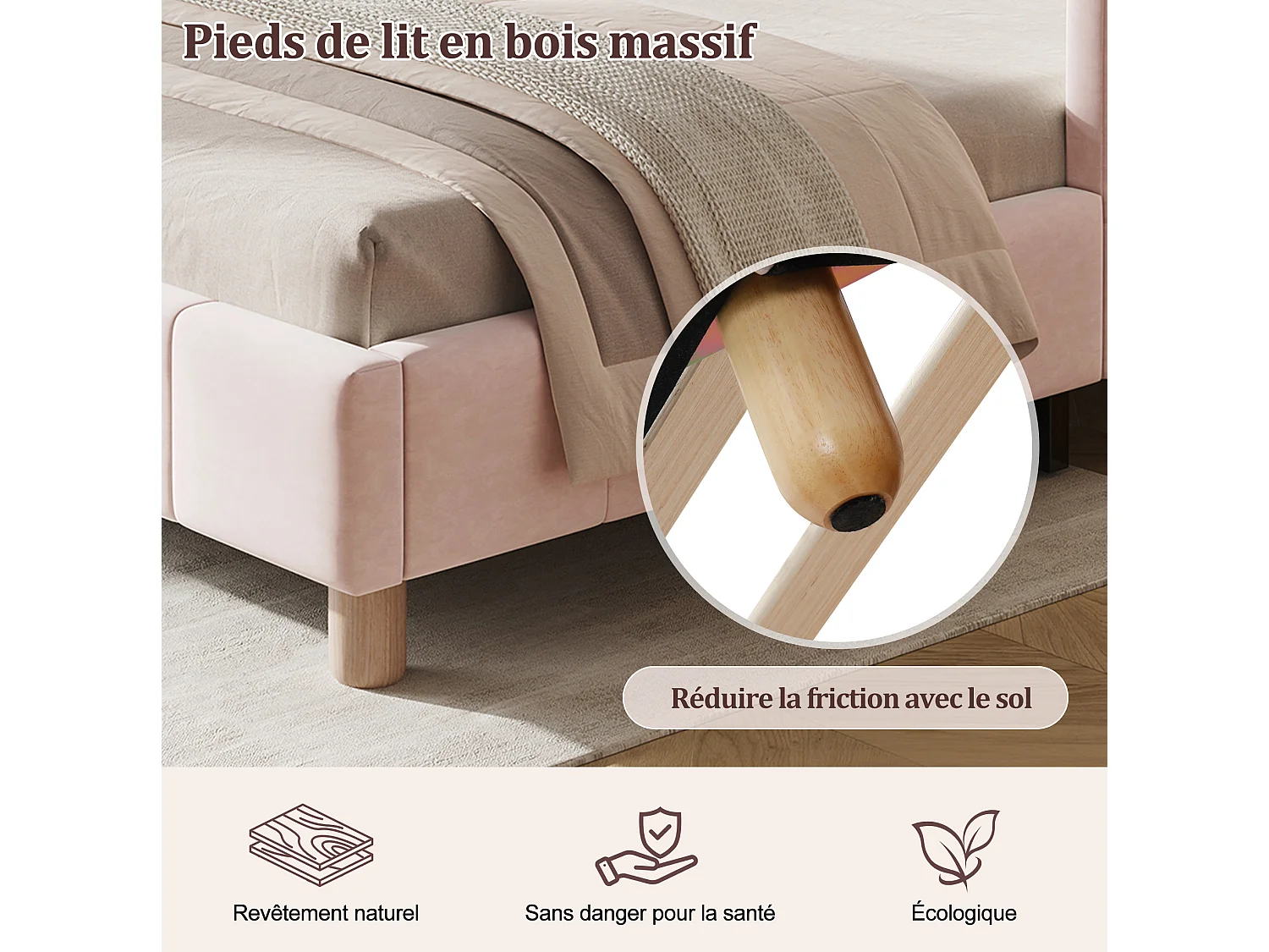 Lit enfant 90/200 cm – tête de lit rembourrée, protection antichute, accoudoirs modulables – Velours rose – Matelas non inclus