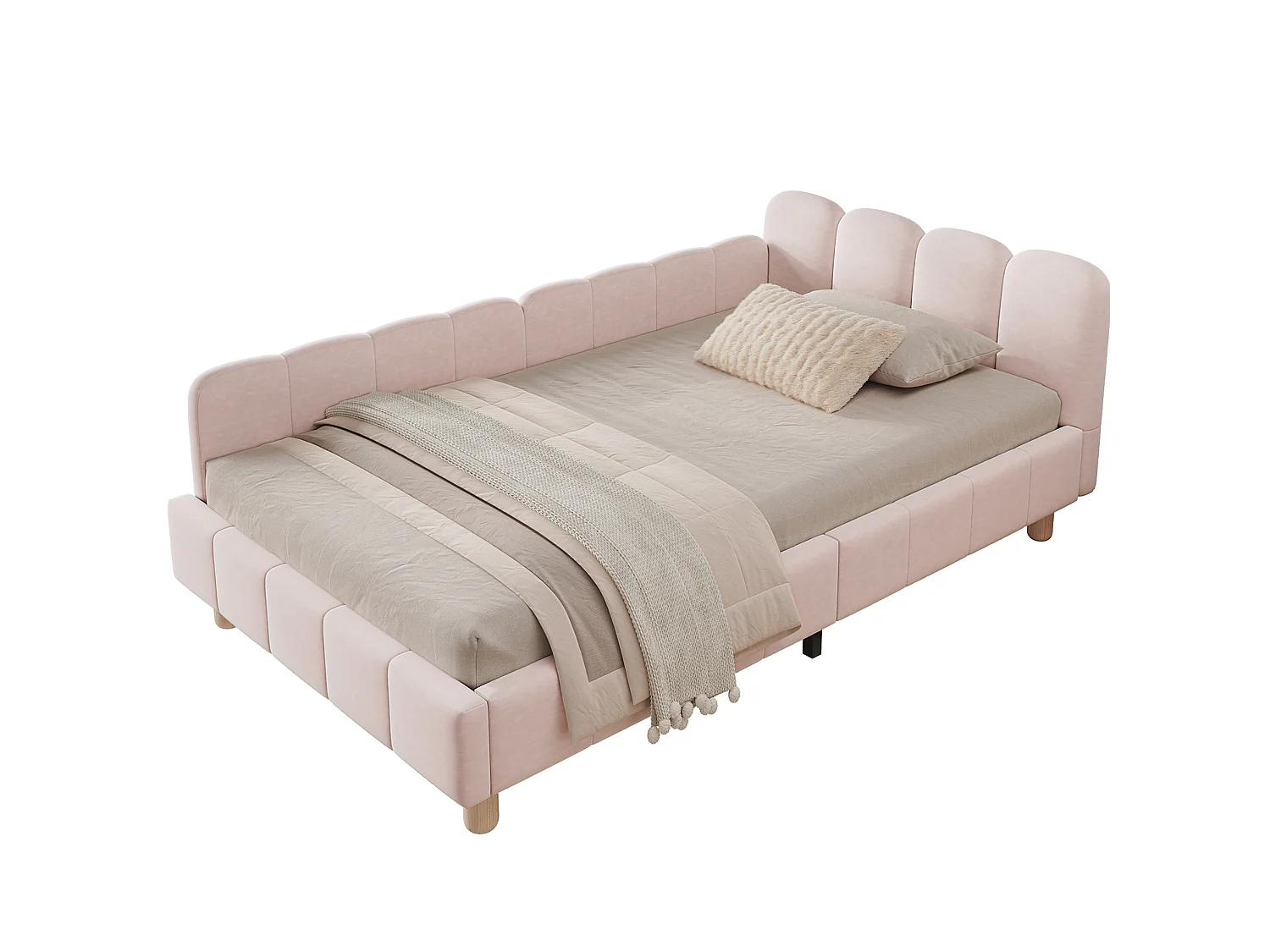 Lit enfant 90/200 cm – tête de lit rembourrée, protection antichute, accoudoirs modulables – Velours rose – Matelas non inclus