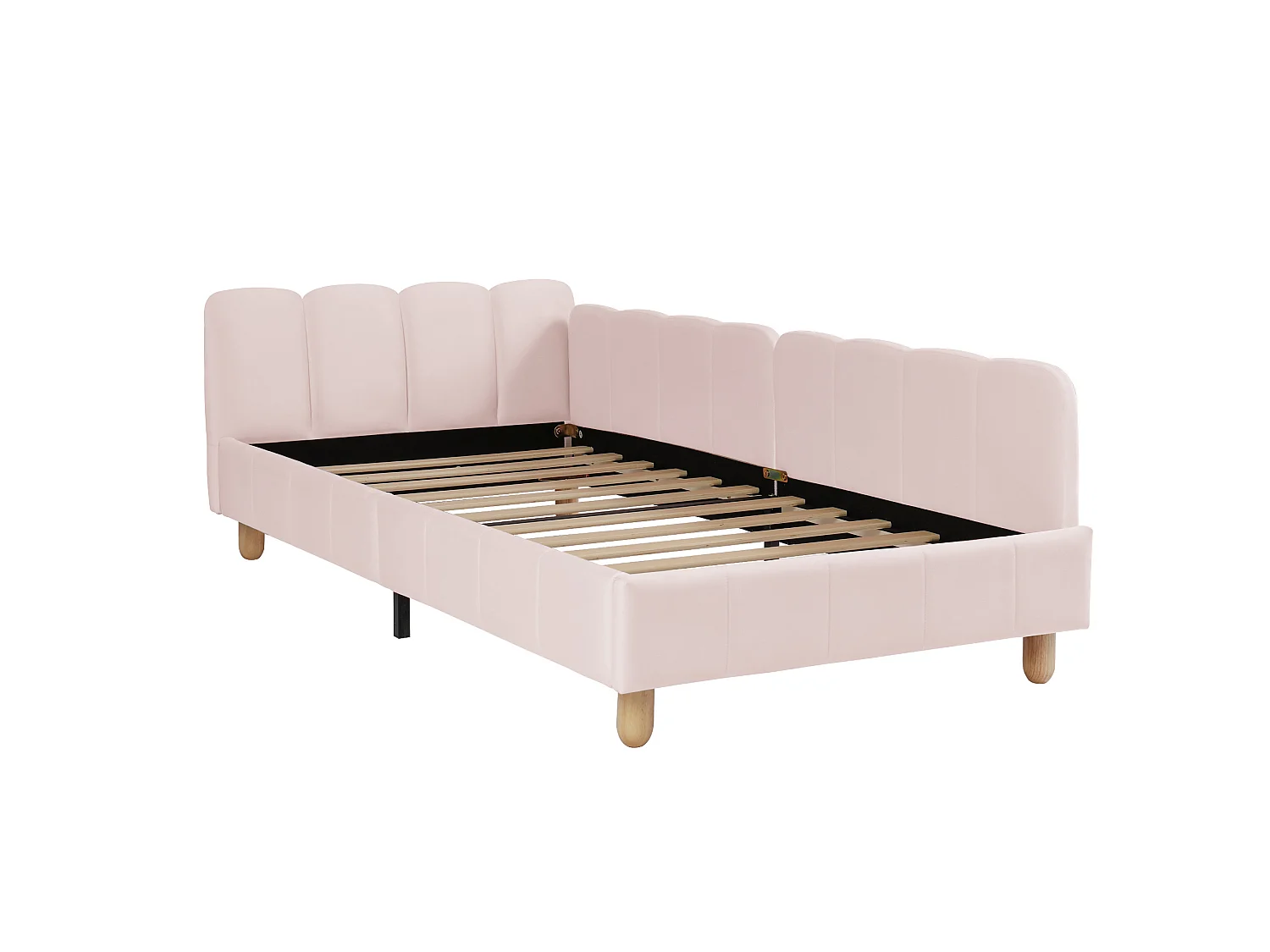 Lit enfant 90/200 cm – tête de lit rembourrée, protection antichute, accoudoirs modulables – Velours rose – Matelas non inclus