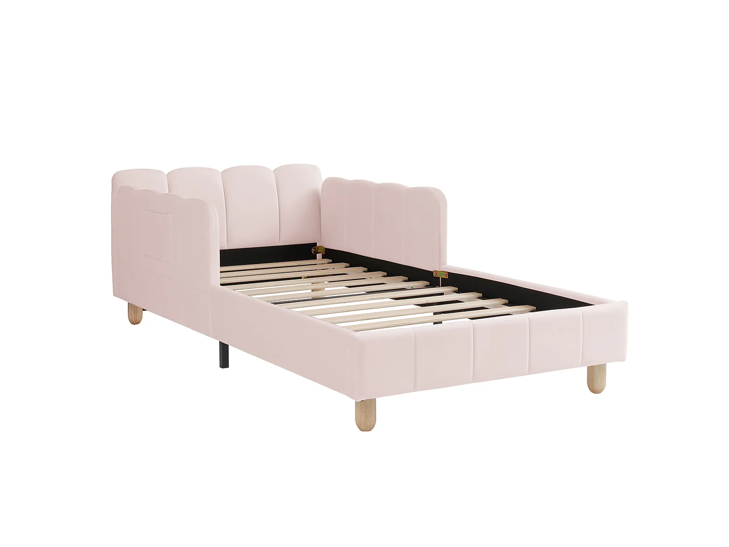 Lit enfant 90/200 cm – tête de lit rembourrée, protection antichute, accoudoirs modulables – Velours rose – Matelas non inclus