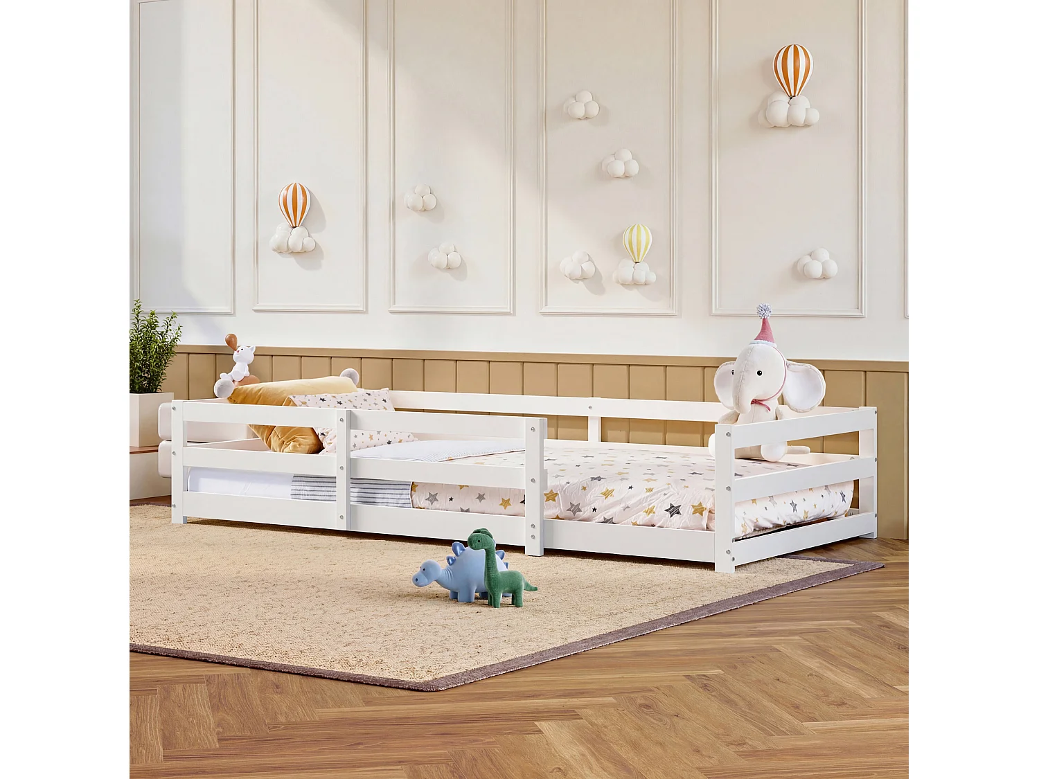 Lit enfant au sol 90/200 cm – barrière 4 côtés, sommier inclus, entrée basse – Pin blanc – Matelas non inclus