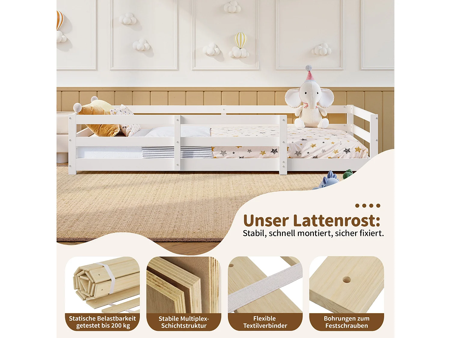 Lit enfant au sol 90/200 cm – barrière 4 côtés, sommier inclus, entrée basse – Pin blanc – Matelas non inclus