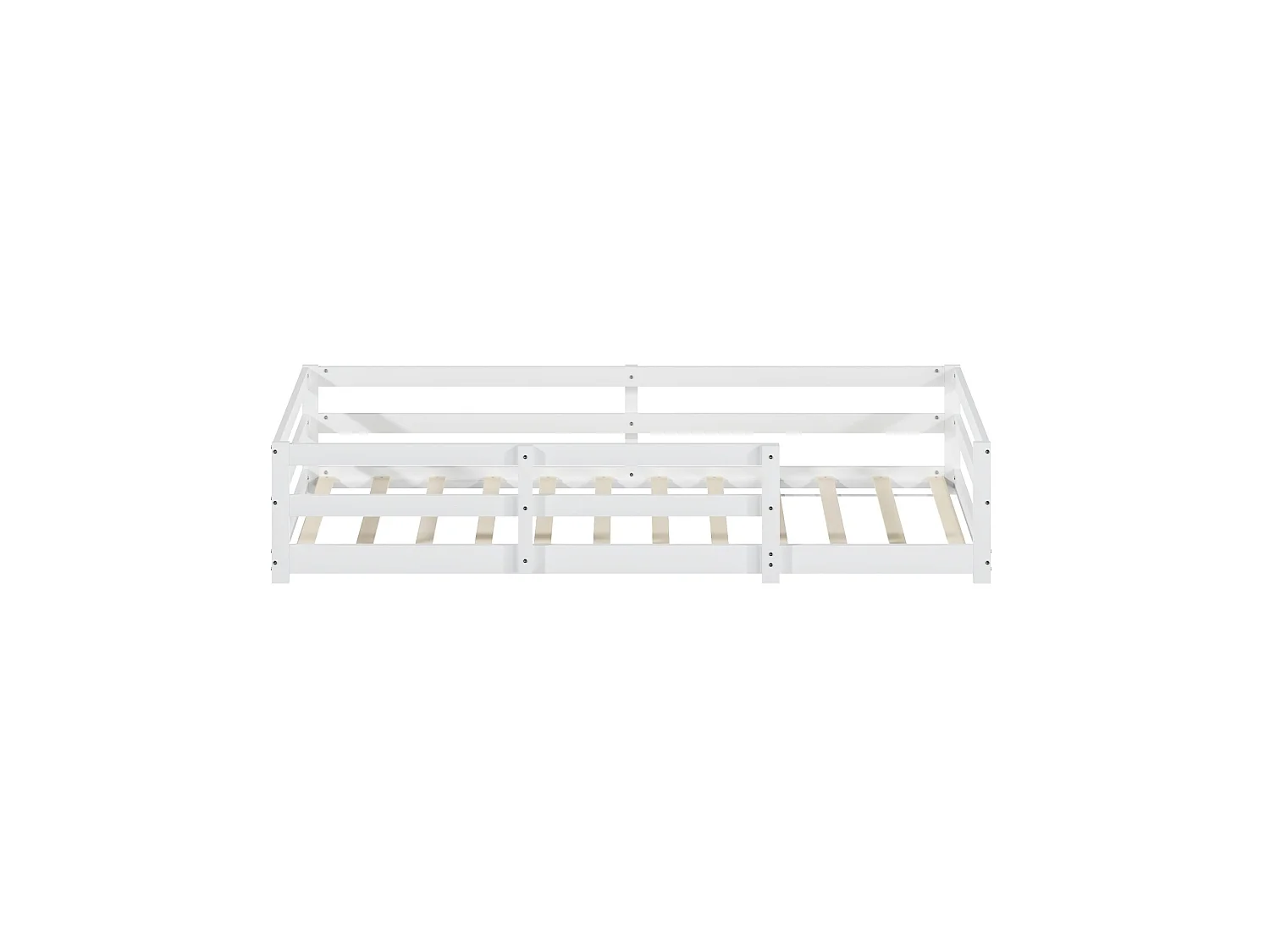 Lit enfant au sol 90/200 cm – barrière 4 côtés, sommier inclus, entrée basse – Pin blanc – Matelas non inclus