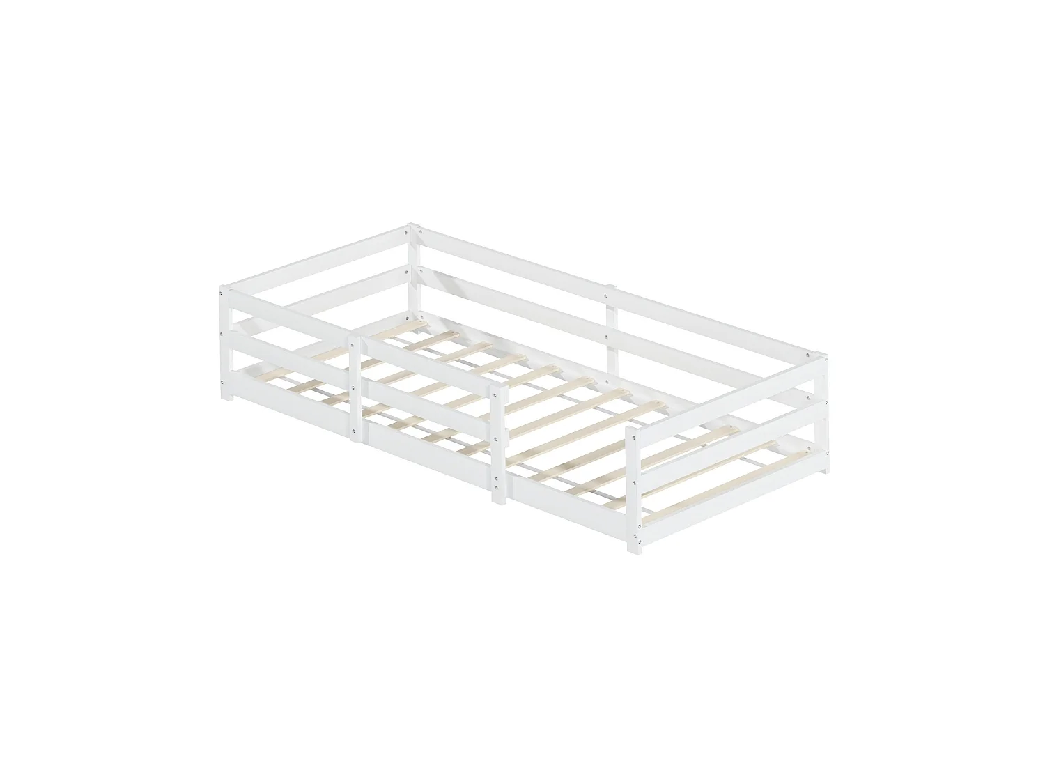 Lit enfant au sol 90/200 cm – barrière 4 côtés, sommier inclus, entrée basse – Pin blanc – Matelas non inclus