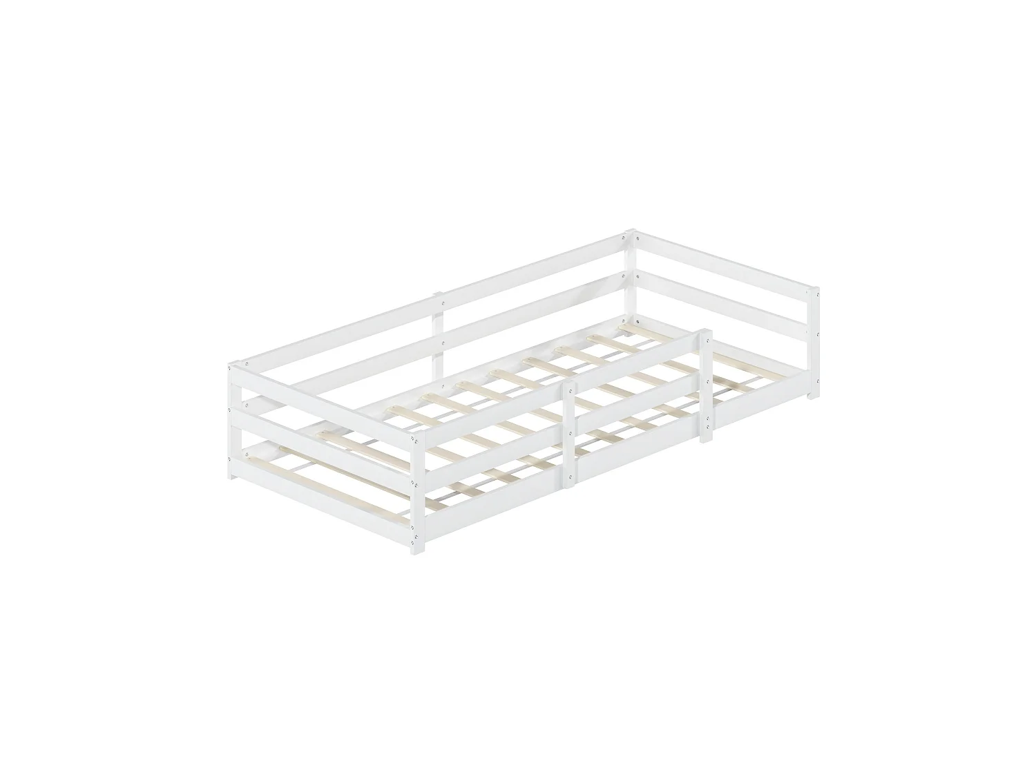 Lit enfant au sol 90/200 cm – barrière 4 côtés, sommier inclus, entrée basse – Pin blanc – Matelas non inclus