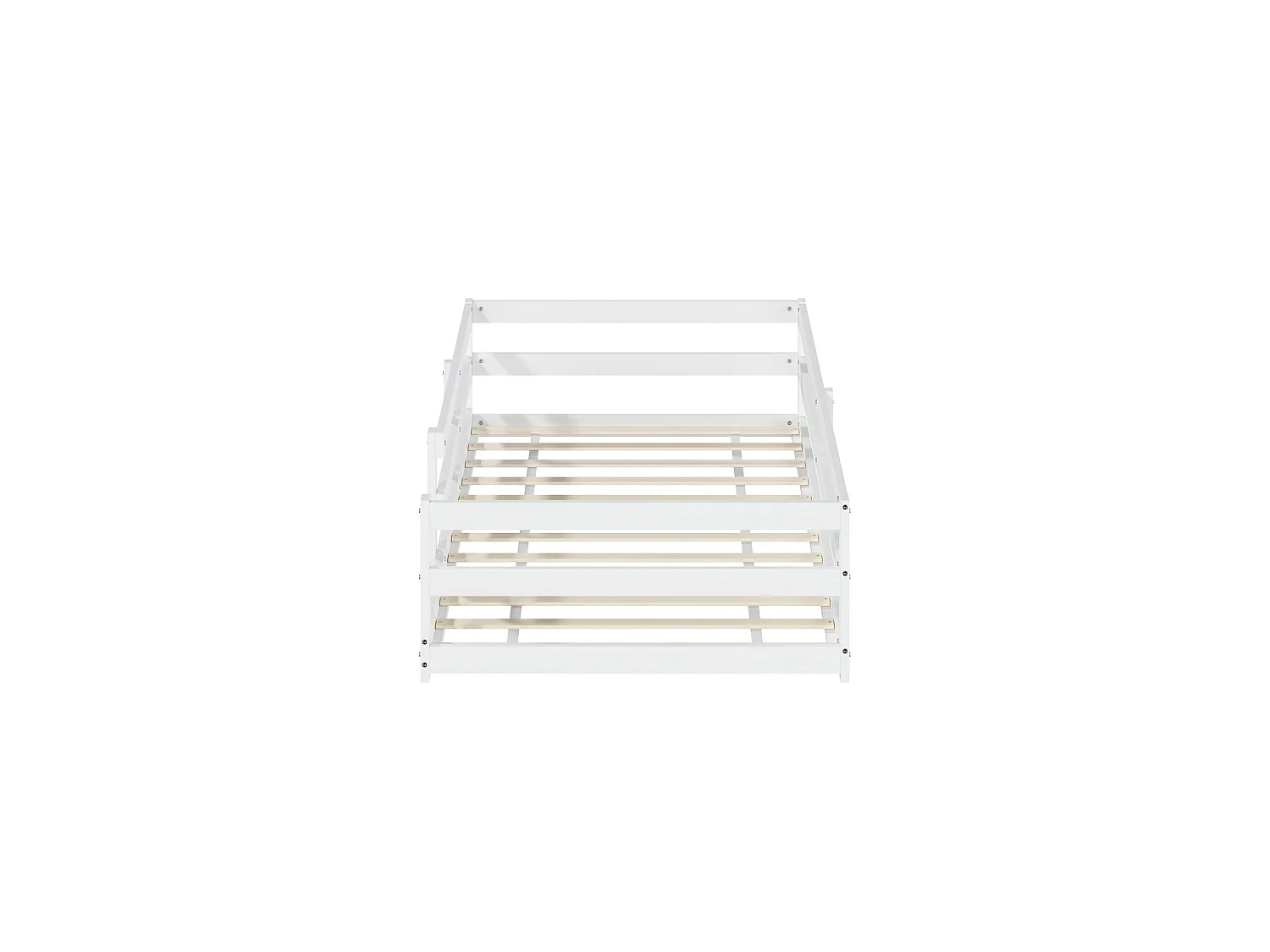 Lit enfant au sol 90/200 cm – barrière 4 côtés, sommier inclus, entrée basse – Pin blanc – Matelas non inclus