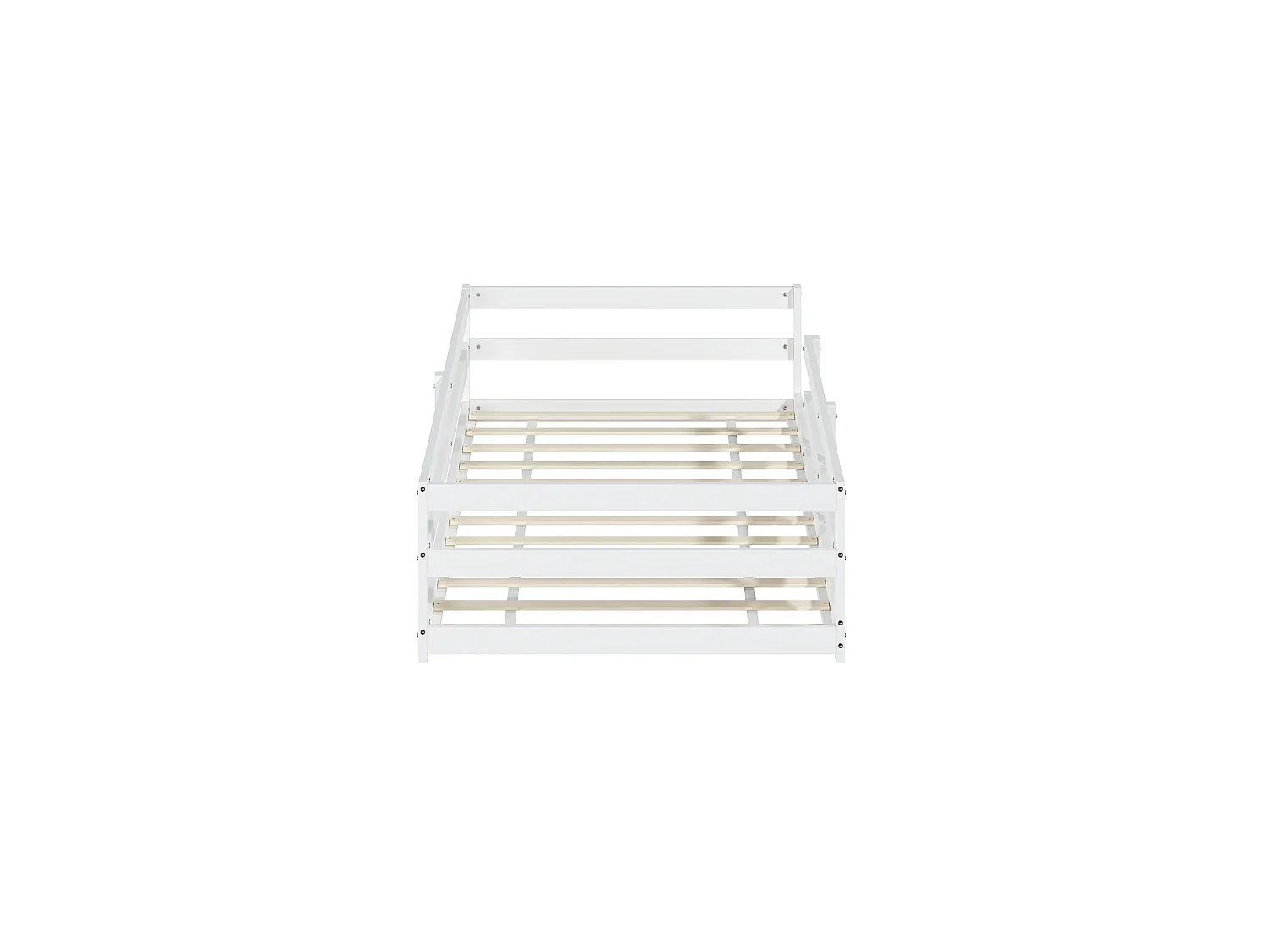Lit enfant au sol 90/200 cm – barrière 4 côtés, sommier inclus, entrée basse – Pin blanc – Matelas non inclus