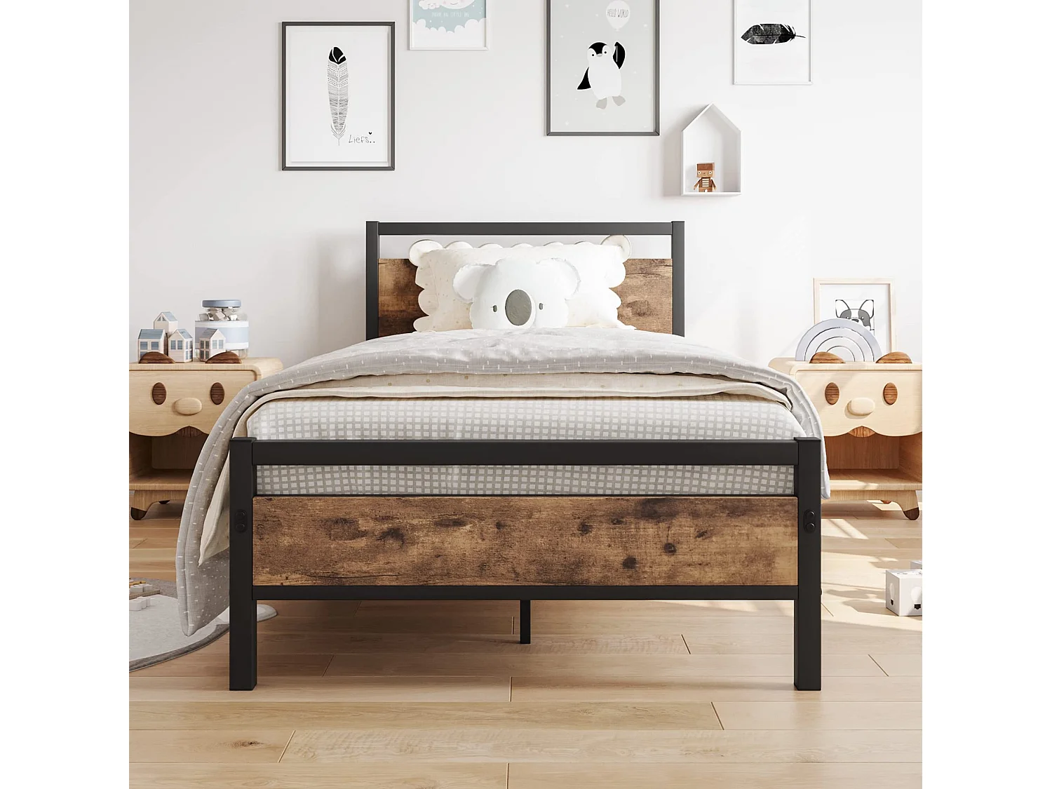 Lit 90/200 cm – sommier à lattes, rangement sous lit 27 cm, tête et pied de lit hauts – MDF métal marron