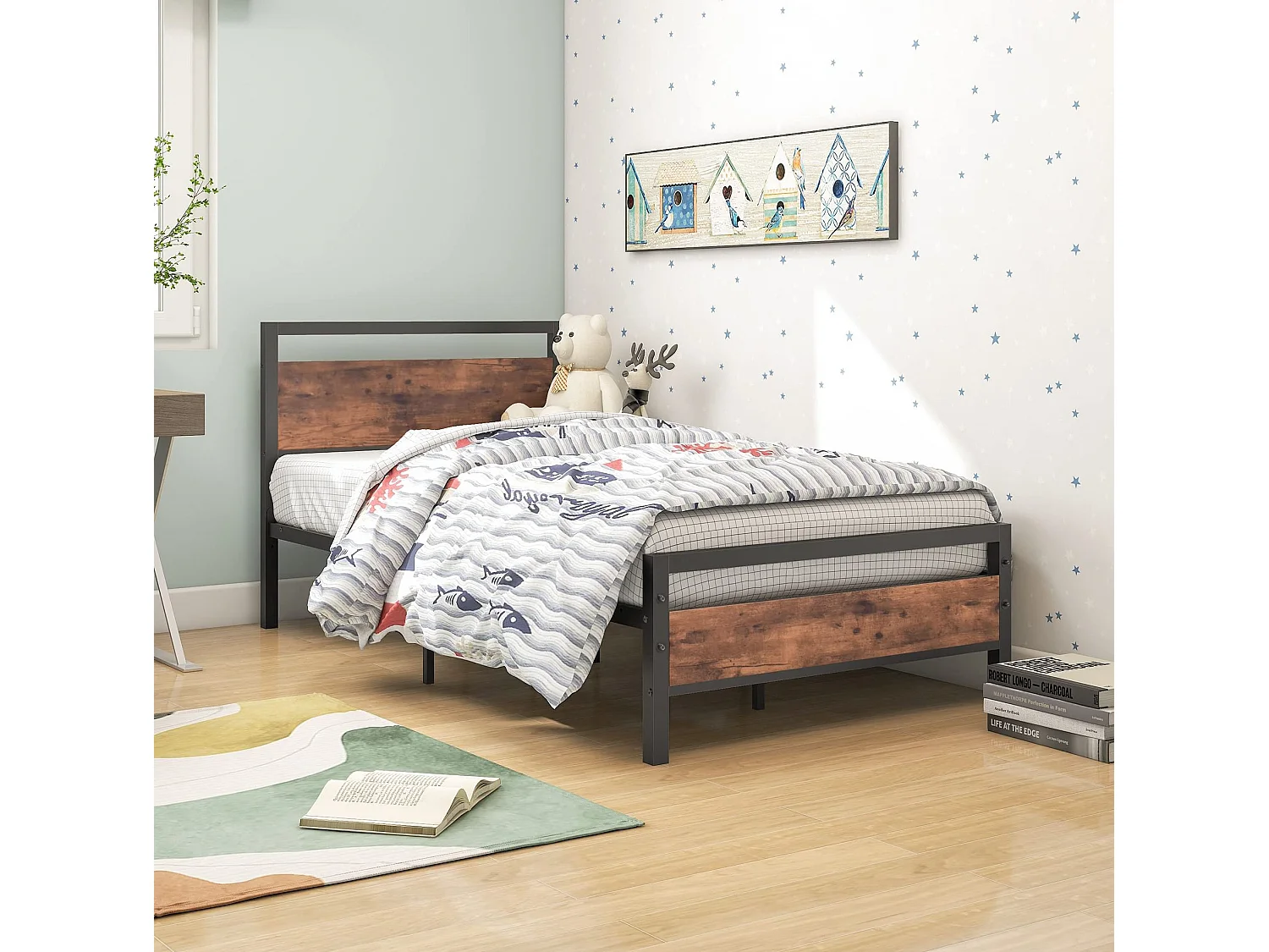 Lit 90/200 cm – sommier à lattes, rangement sous lit 27 cm, tête et pied de lit hauts – MDF métal marron