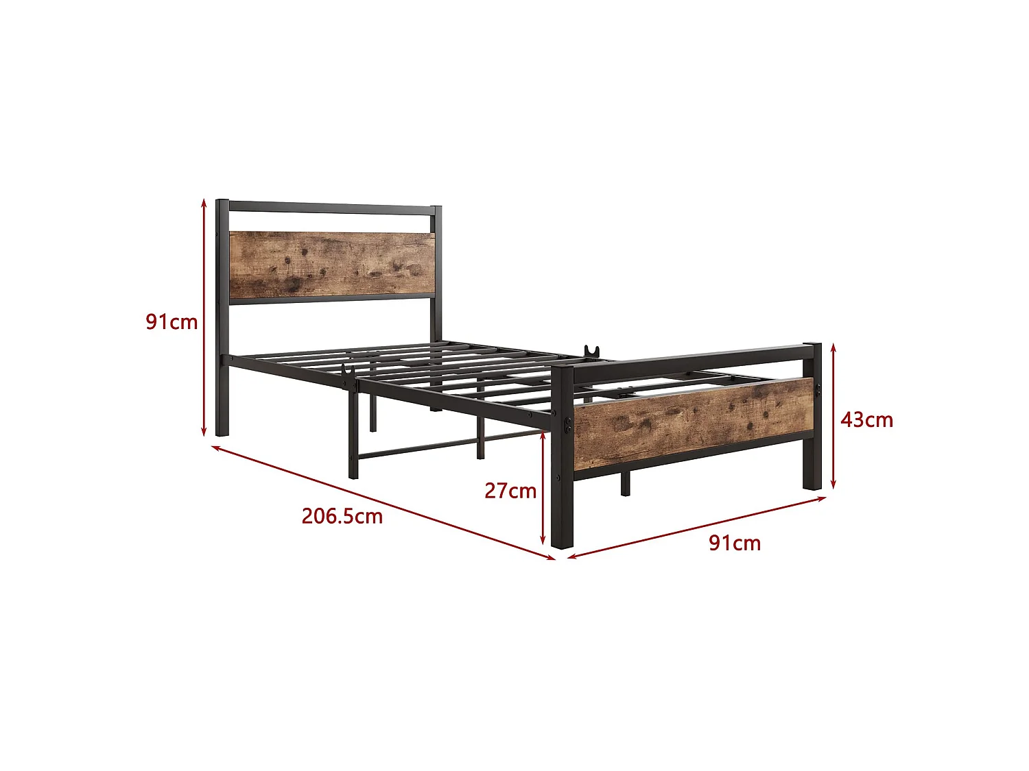 Lit 90/200 cm – sommier à lattes, rangement sous lit 27 cm, tête et pied de lit hauts – MDF métal marron
