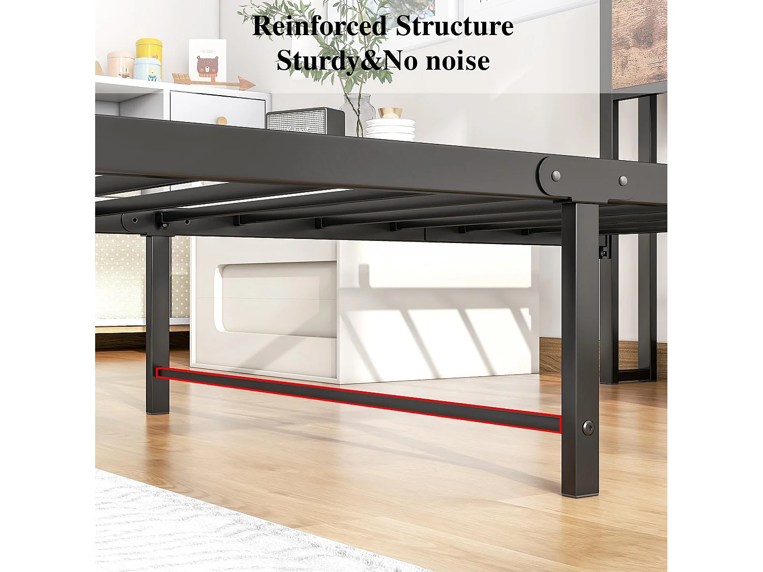 Lit 90/200 cm – sommier à lattes, rangement sous lit 27 cm, tête et pied de lit hauts – MDF métal marron