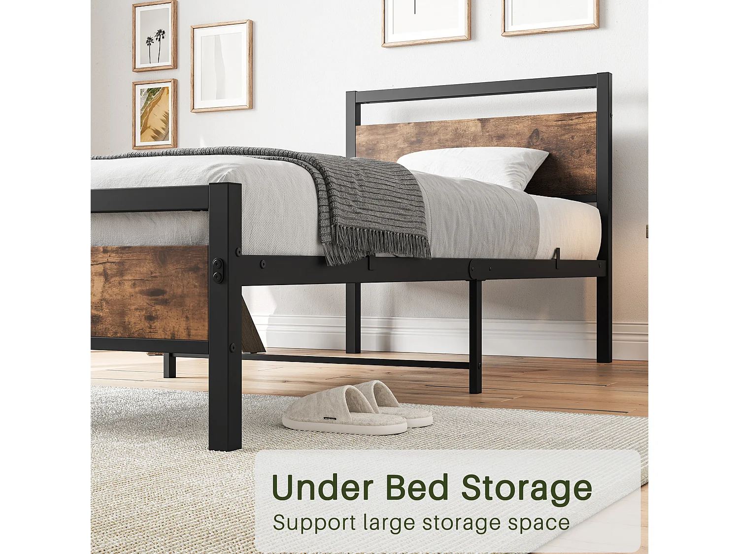 Lit 90/200 cm – sommier à lattes, rangement sous lit 27 cm, tête et pied de lit hauts – MDF métal marron
